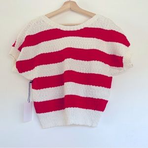 Callahan Revolve Short Sleeve V back Sweater Top Red and White